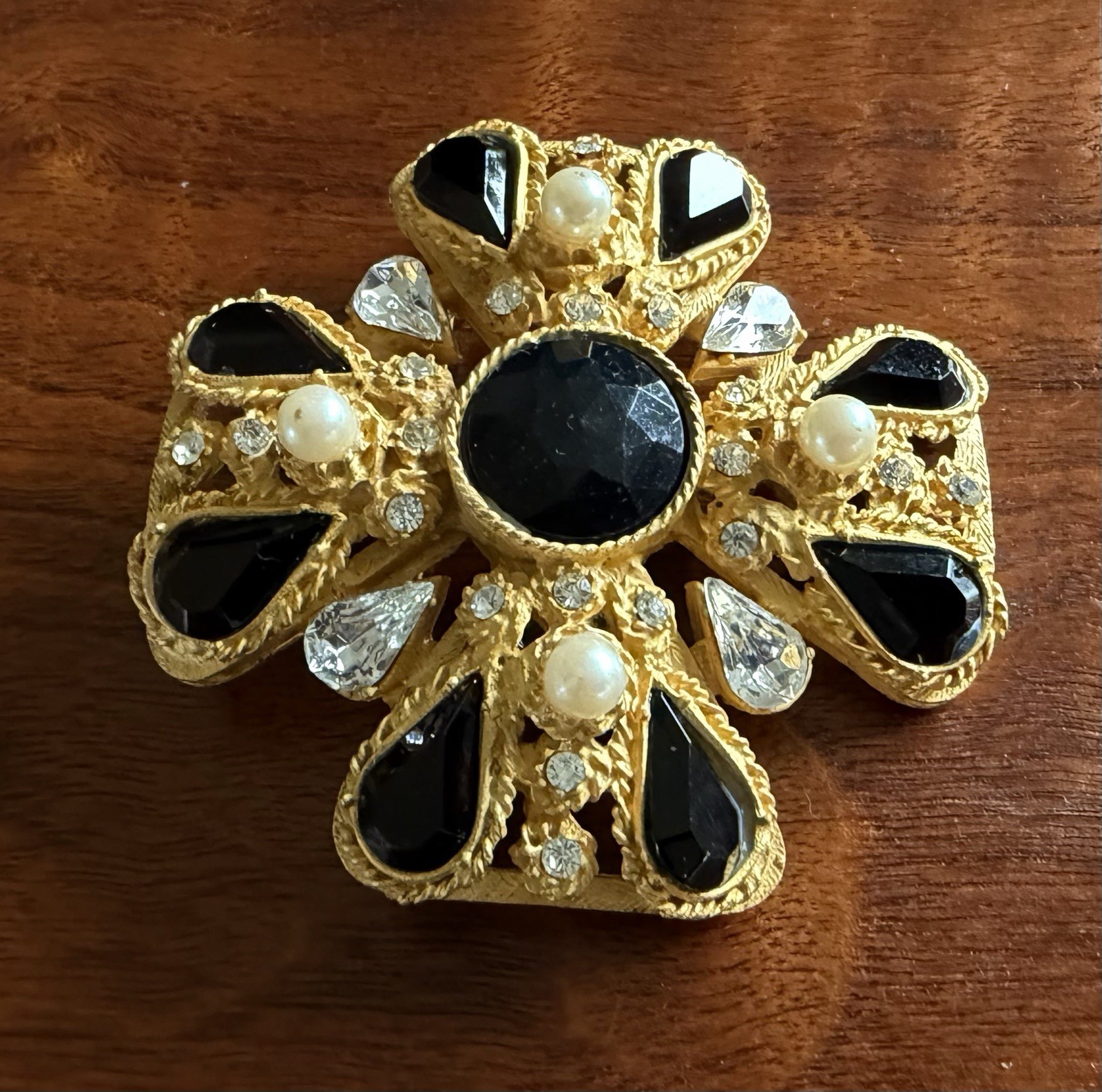 Vintage Ann Taylor Maltese Cross Rhinestone Pearl Brooch Pin Matte Gold Tone