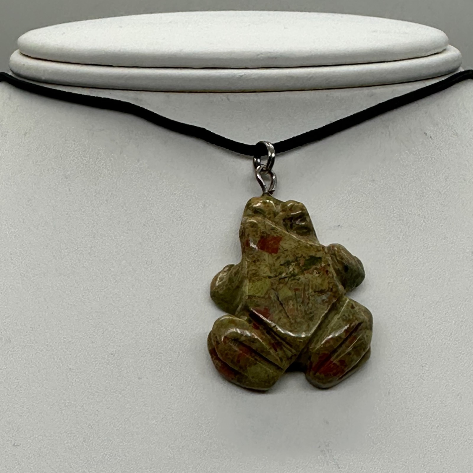Unakite Stone Frog Pendant Necklace |1 1/4″ Long | Green, Pink | 1 Pendant |