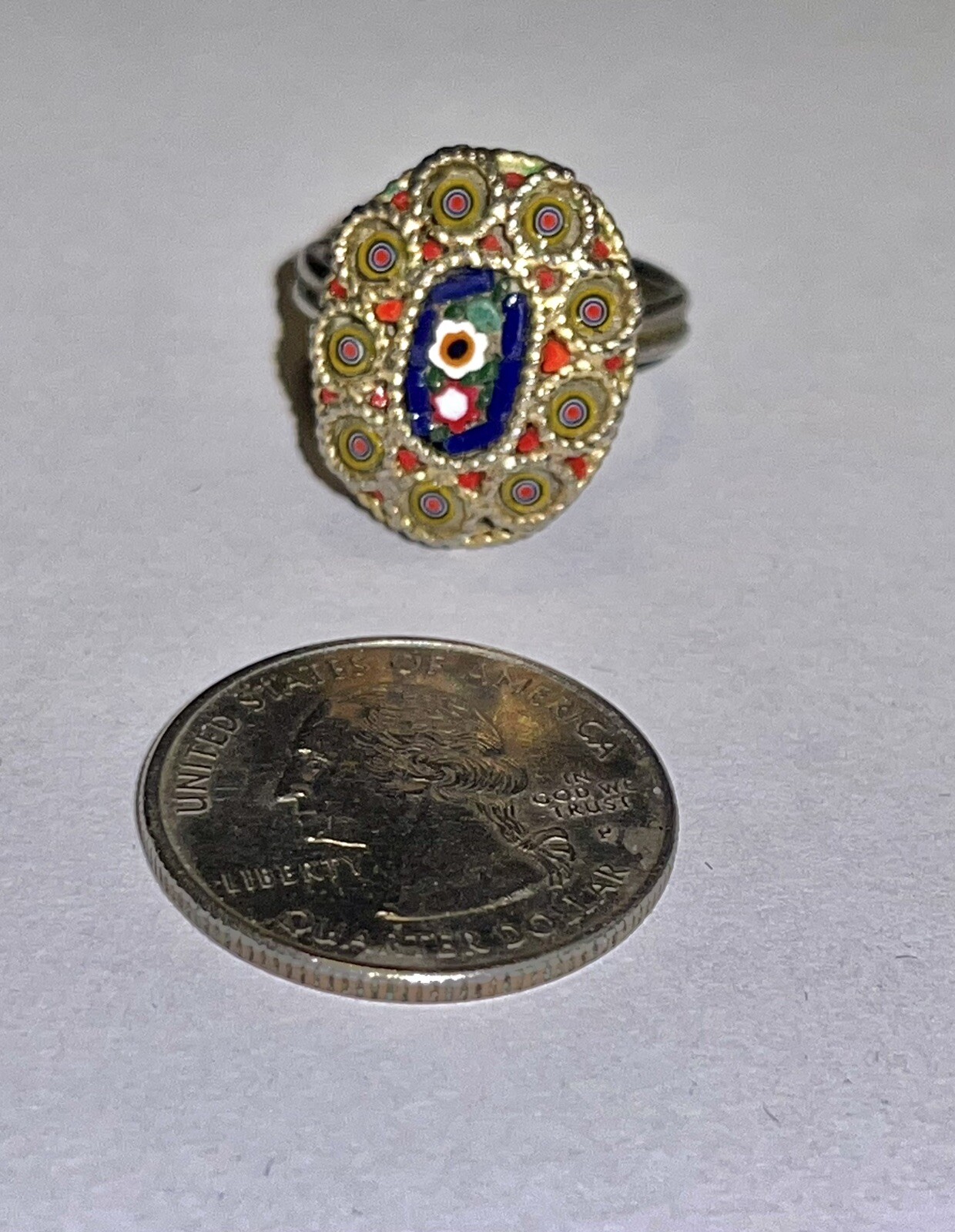 Vintage Pieter Dura Micro Mosaic Oval Goldtone Ring Italy Size 5 Adjustable