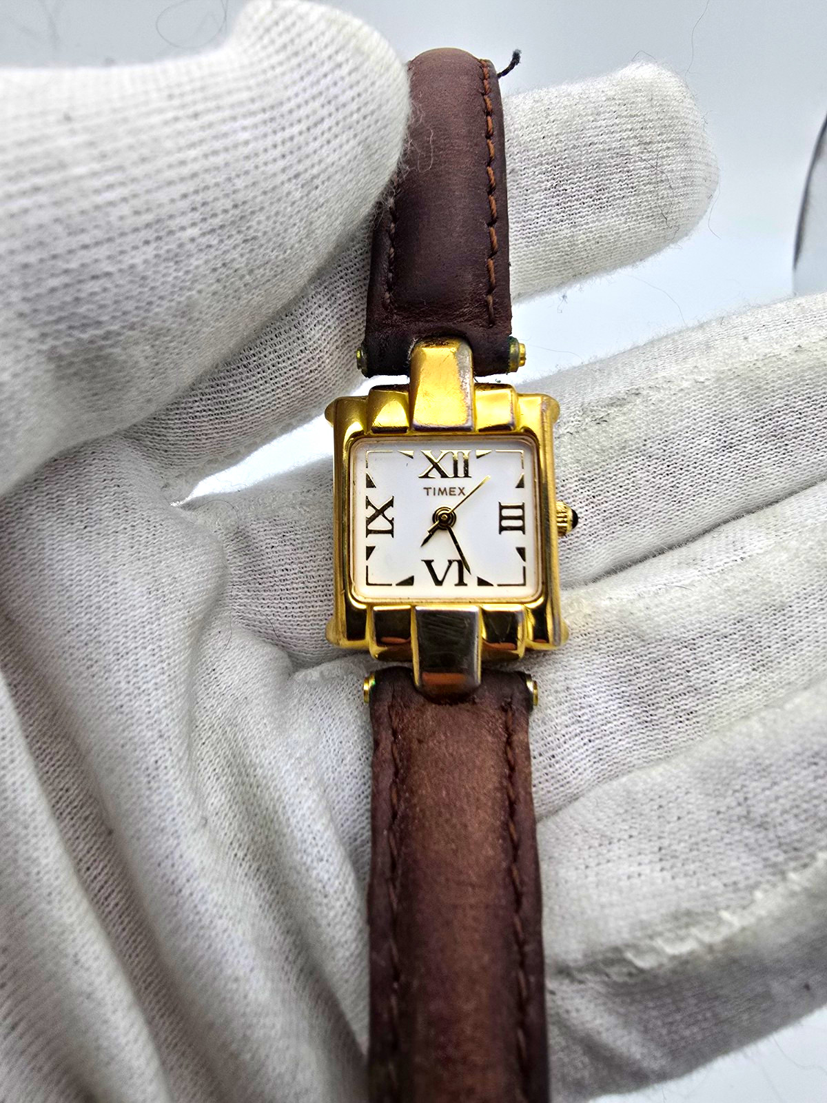 Timex Women’s Quartz Analog Square Gold Tone White Roman Dial Brown Leather