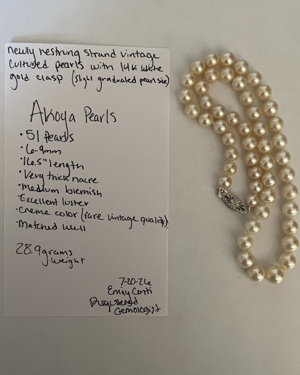 6-9mm Akoya Pearl Necklace ~ 14k Clasp ~ 17.5” Length ~ Restrung