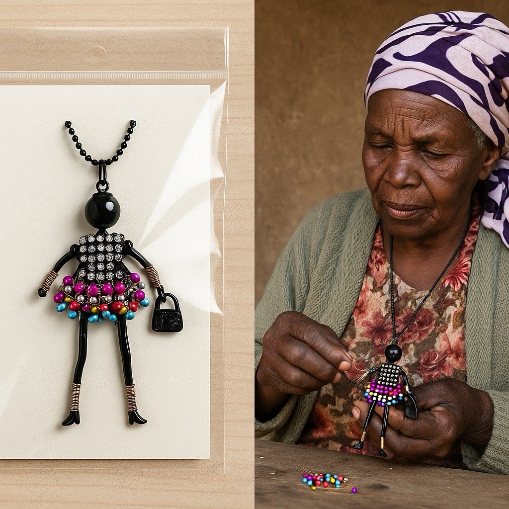 ✨ Handmade African Doll Pendant Necklace – Supports Charity ✨