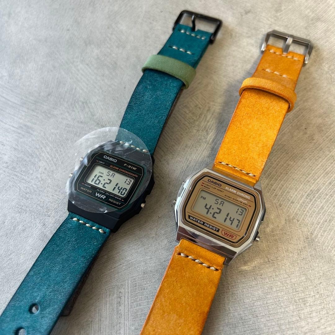 CASIO F 91W leather belt custom Marugo wax turquoise