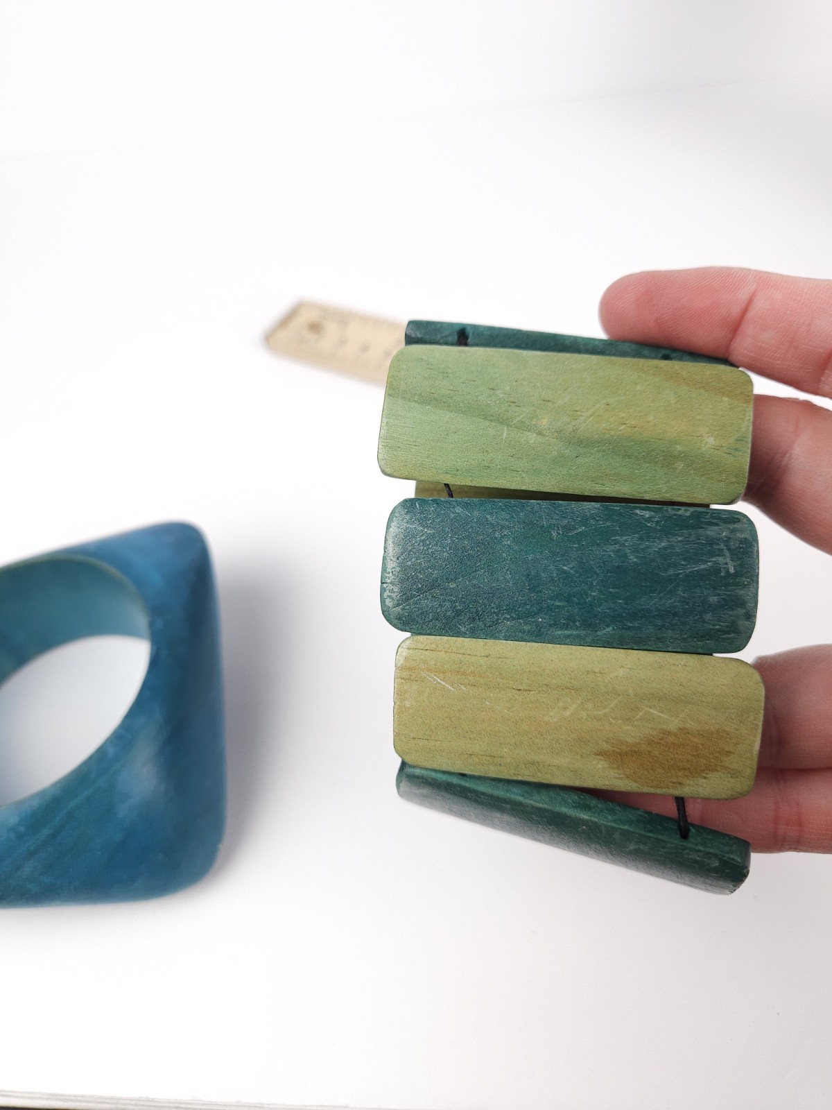 Lot Of 2 – Blue Wooden Dyed Bangle Stretch Bracelets Asymetrical Round