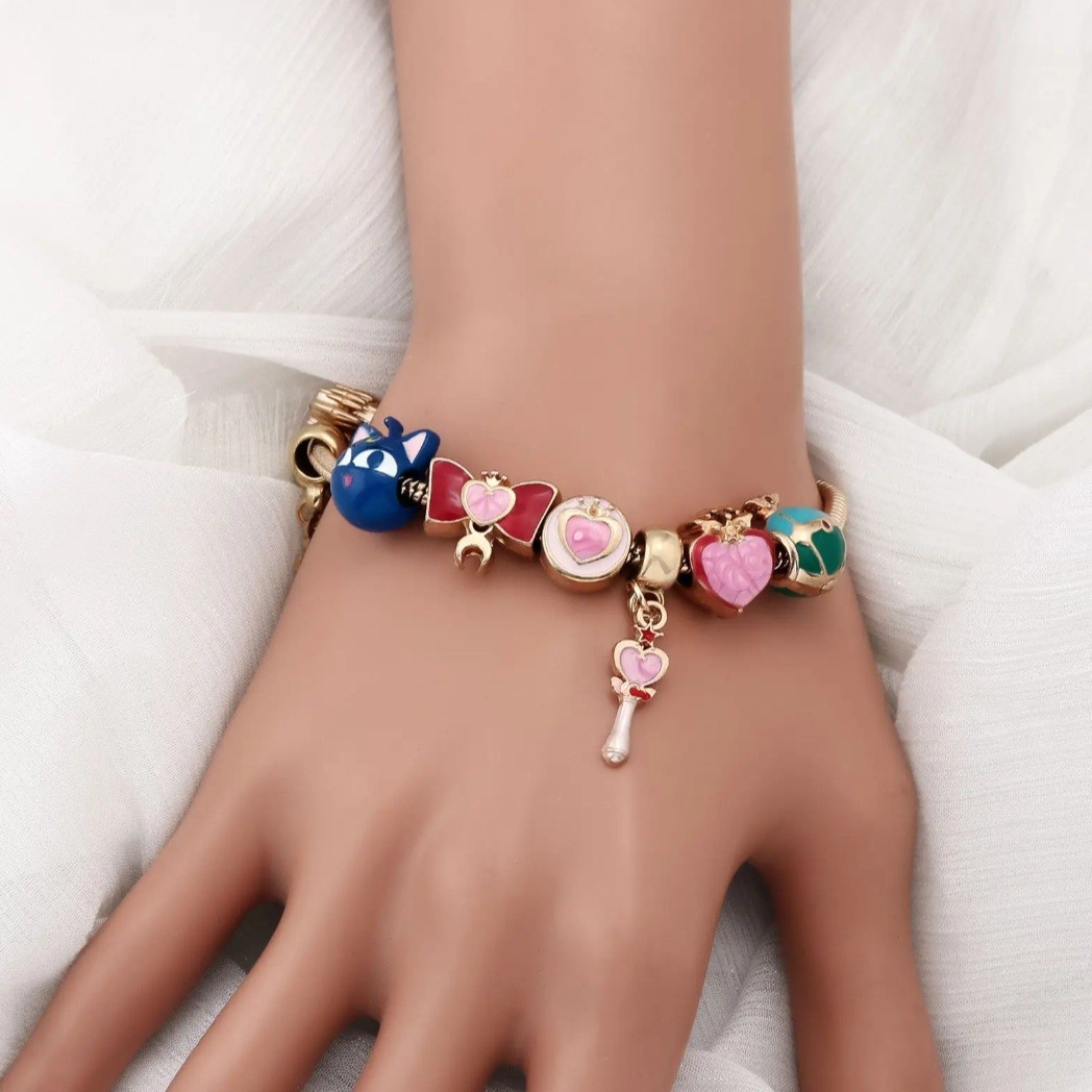 Sailor Moon Magic Sticks, Luna, Stars, Hearts Cute Charms Bracelet