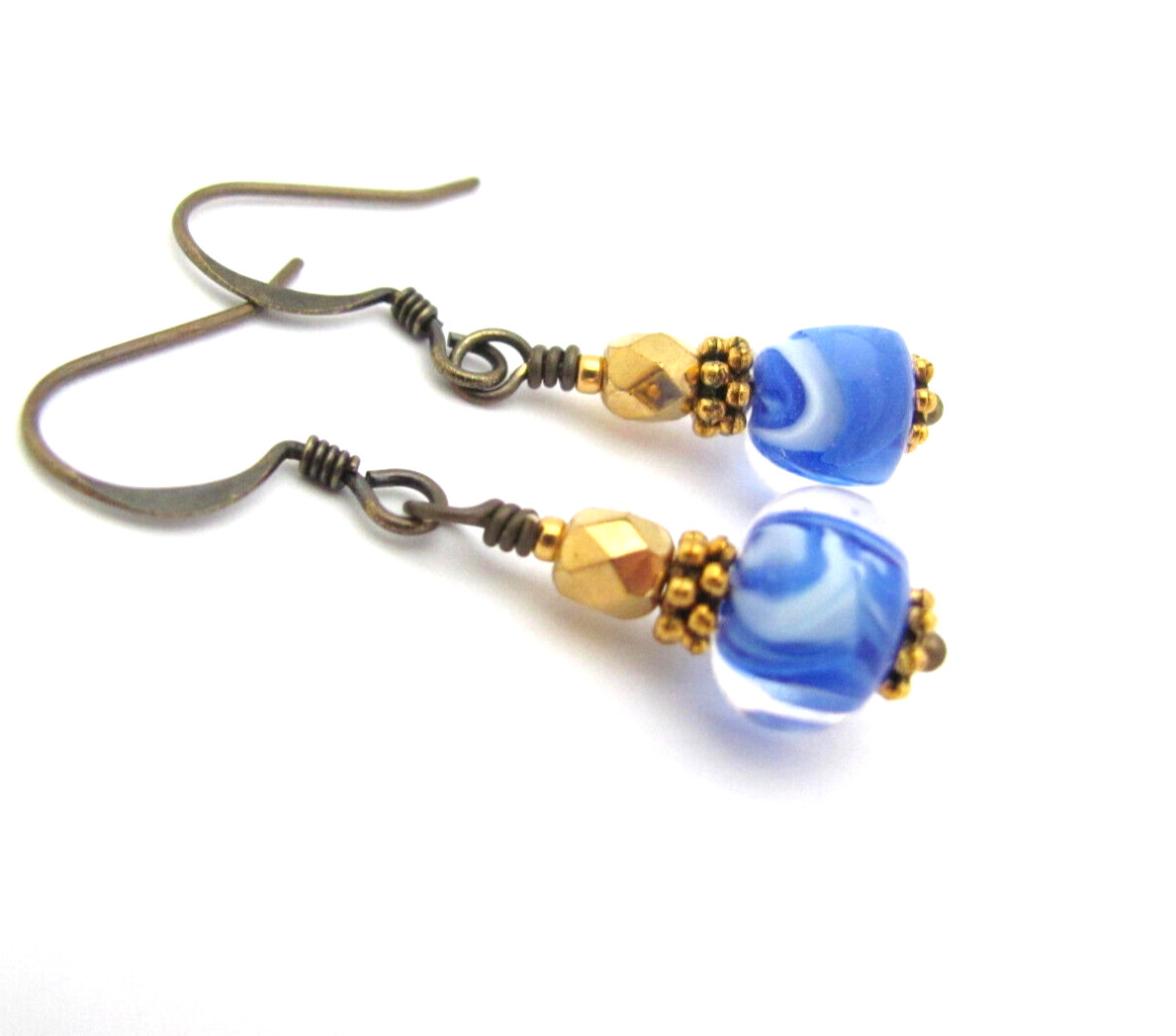 Blue White Earrings Lampwork Glass Antiqued Brass Dainty Boho Chic
