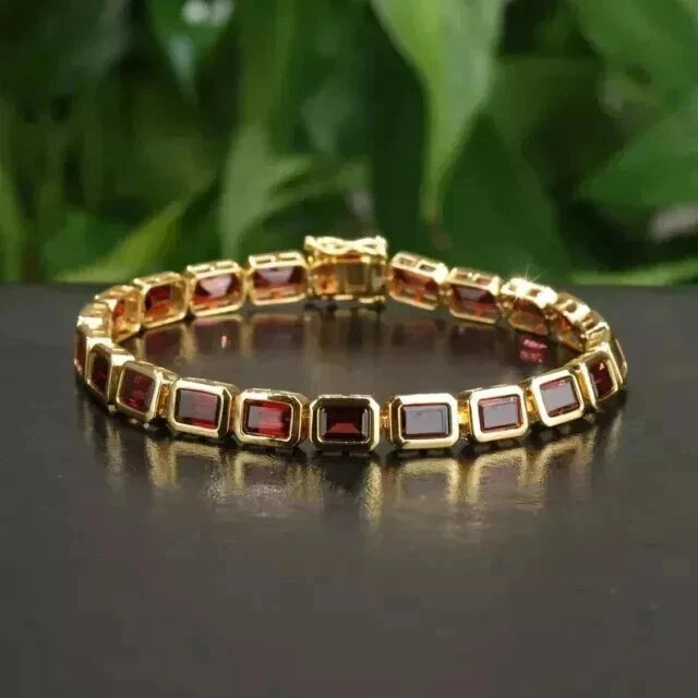 9Ct Emerald Lab created Red Garnet Women’s Tennis Bracelet 14KYellow Gold Plated