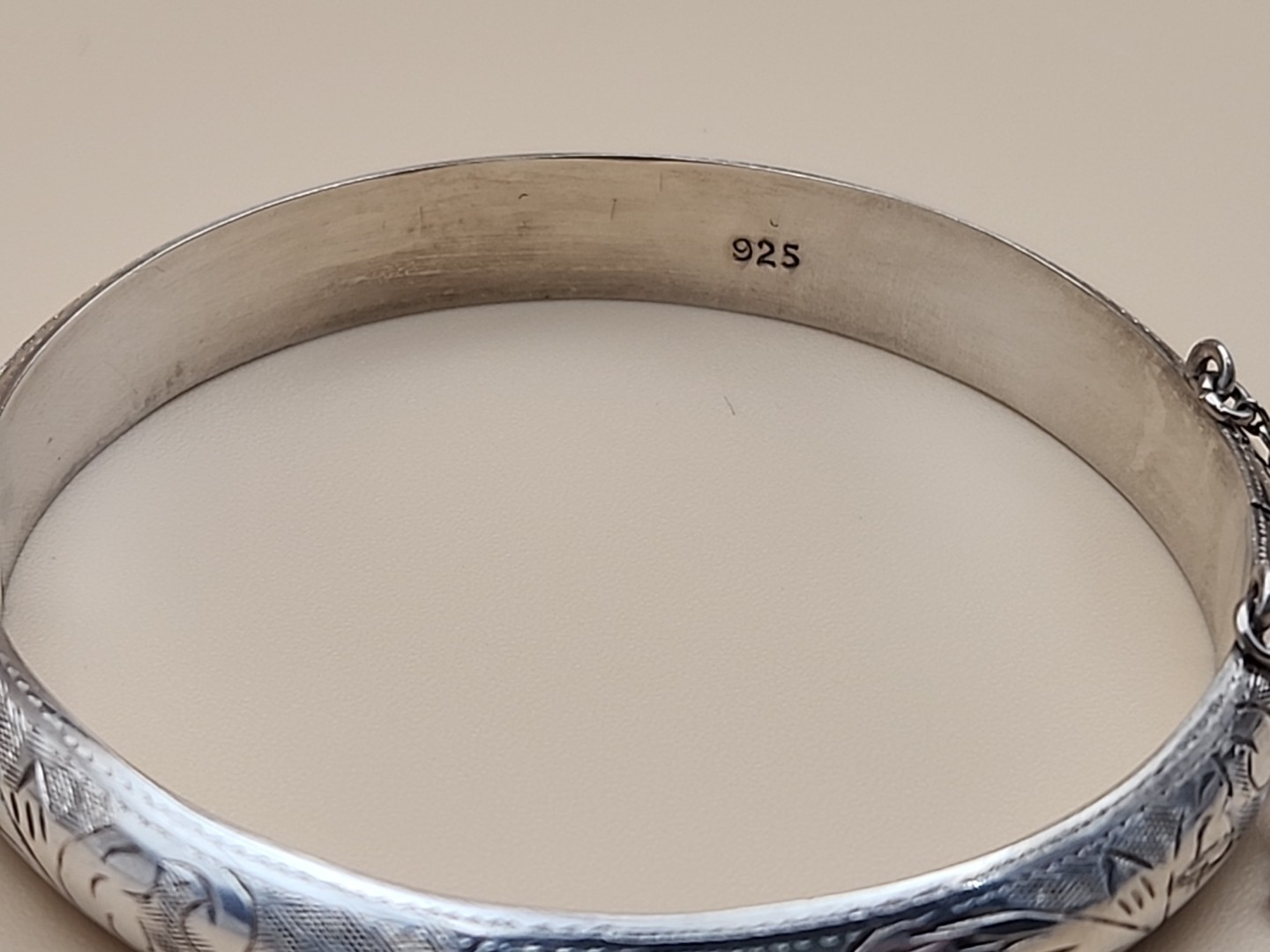 Sterling Silver Vintage Hand Engraved/Hinged Cuff Bracelet With Safety Chain