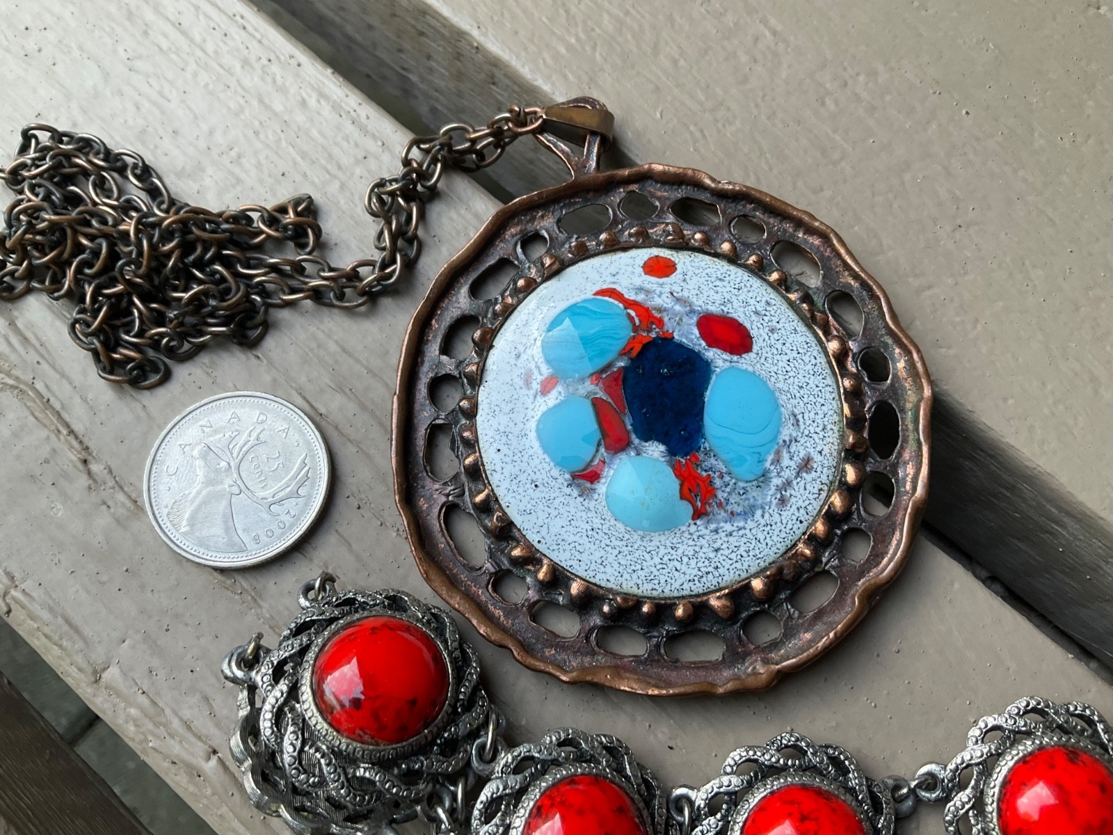 Vintage MCM Modern CERAMIC Lava BRACELET, Big ENAMEL COPPER Pendant NECKLACE