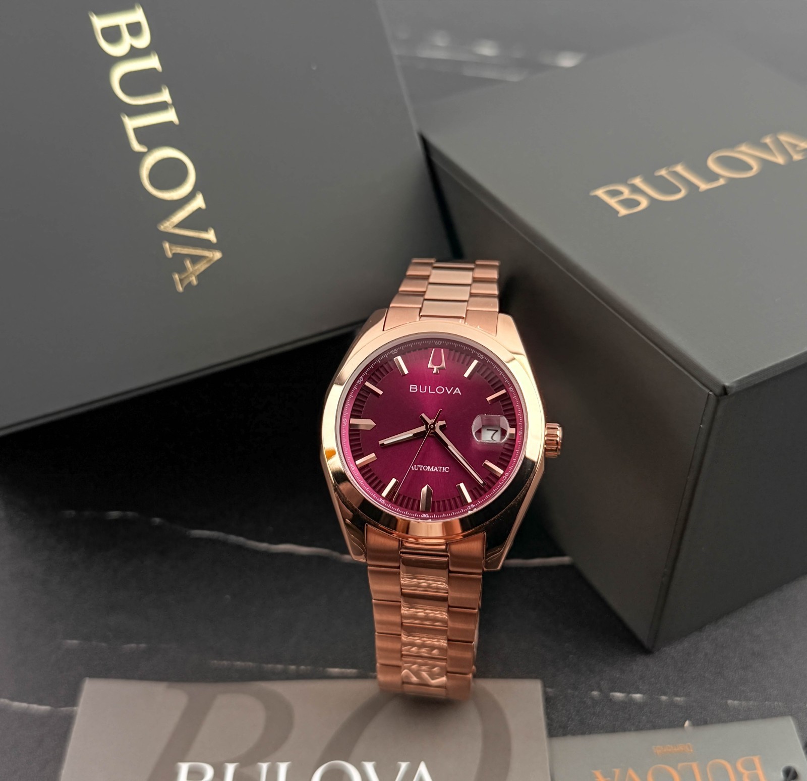 Bulova 97B234 Men’s Surveyor Automatic Red Dial Rose-Tone Steel Wrist Watch 39mm