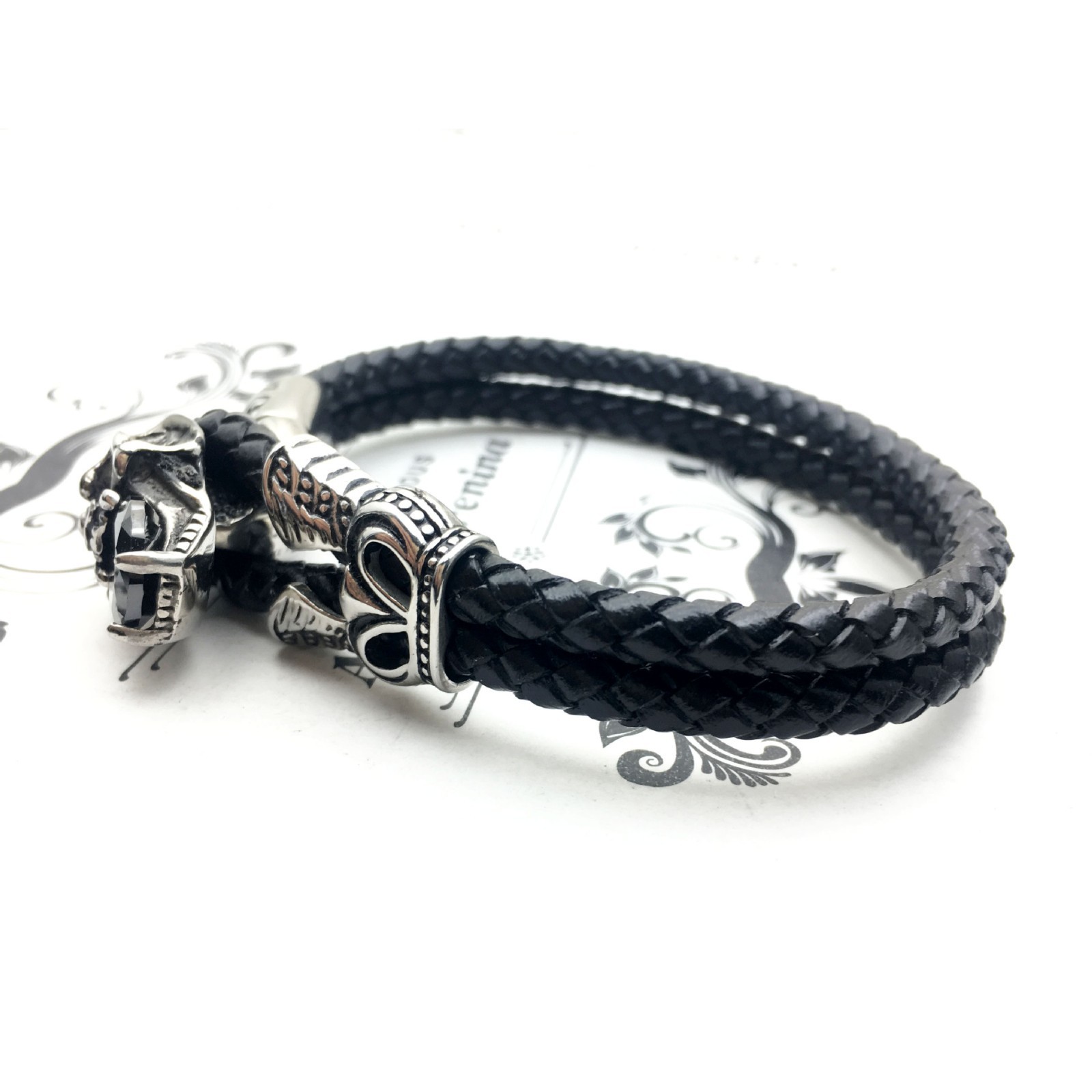 Men’s Skull Braided Leather Bracelet Stainless Steel Gothic Punk Biker Jewelry