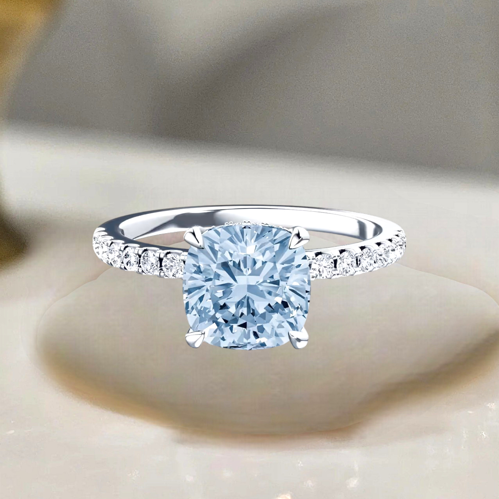 Fancy Intense Blue 2.75 Ct Cushion Cut IGI Lab Grown Diamond Ring 18k White Gold