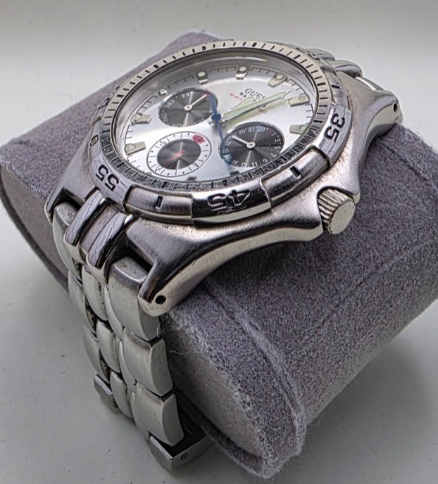 Vintage GUESS Waterpro Men’s Watch 3-Eye Multifunction Silver Tone NEW BATTERY
