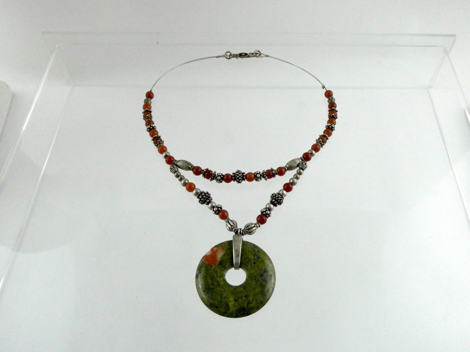 Sterling Silver Unakite Carnelian Double Strand Pendant Necklace 925 44.5g 15 In