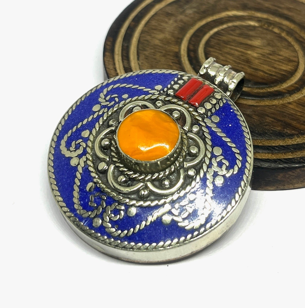 Art Deco Lapis Lazuli Amber Gemstone Tibetan Style Pendant Jewelry, 2.0 inch