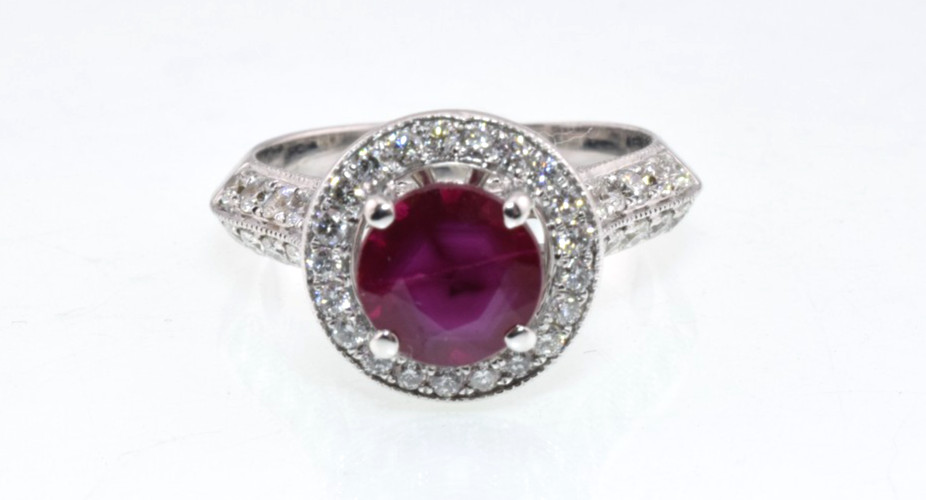 Ruby & Diamond Halo Ring in 18k Gold 2.40 Carats Size 5.5