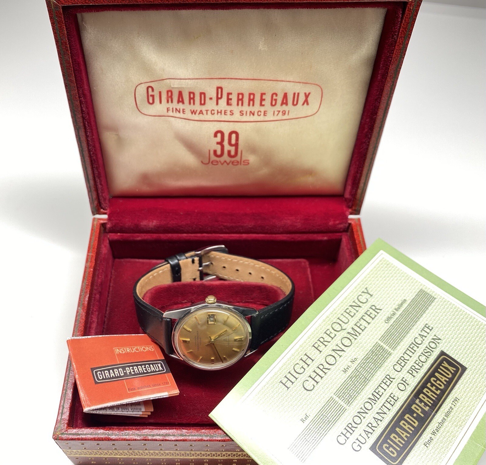 girard perregaux chronometer 39 jewels richeville date watch with box & papers