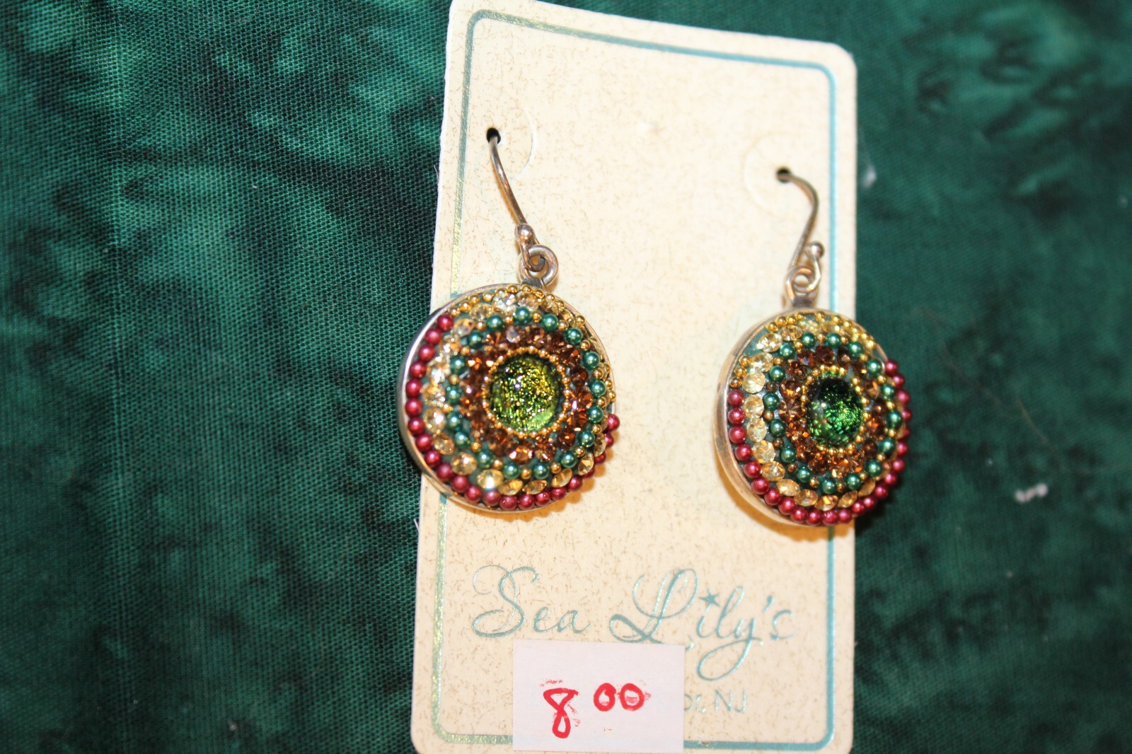 costume jewelry earrings colorful faux gems and jewels, blues,greens,reds,whites