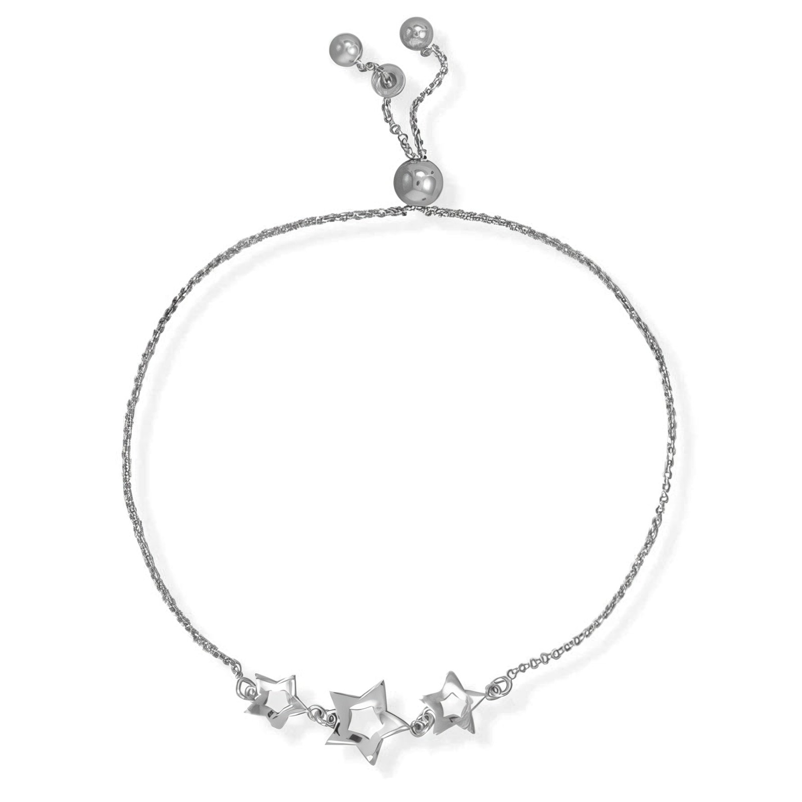 Three Star Bolo Bracelet Rhodium Plated 925 Sterling Silver Italy Adjustable 9in