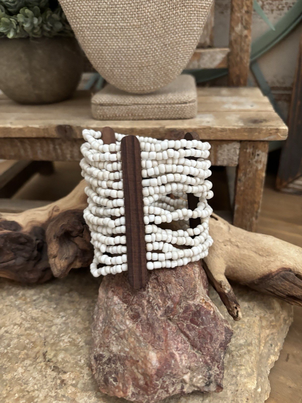 Cuff Bracelet White Seed Bead & Wood Stretch BOHO NEW Read