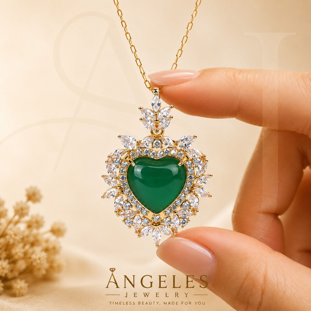 Green Jade Crystal Heart Pendant Necklace Charm 18K Gold Plated Chain Gemstone