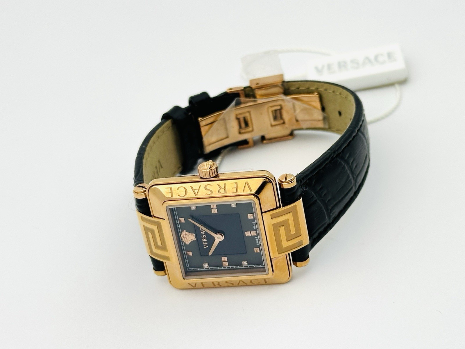 Versace Women’s 88Q80SD008S009 Rêve Carré Diamonds Black Leather Strap Watch 88Q