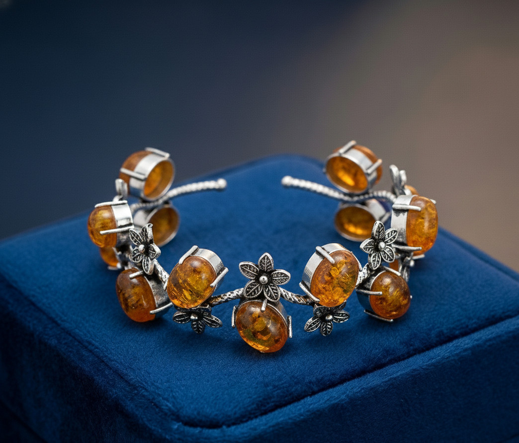 925 Sterling Silver Baltic Amber Gemstone Handmade Jewelry Cuff Bracelet-ADJ