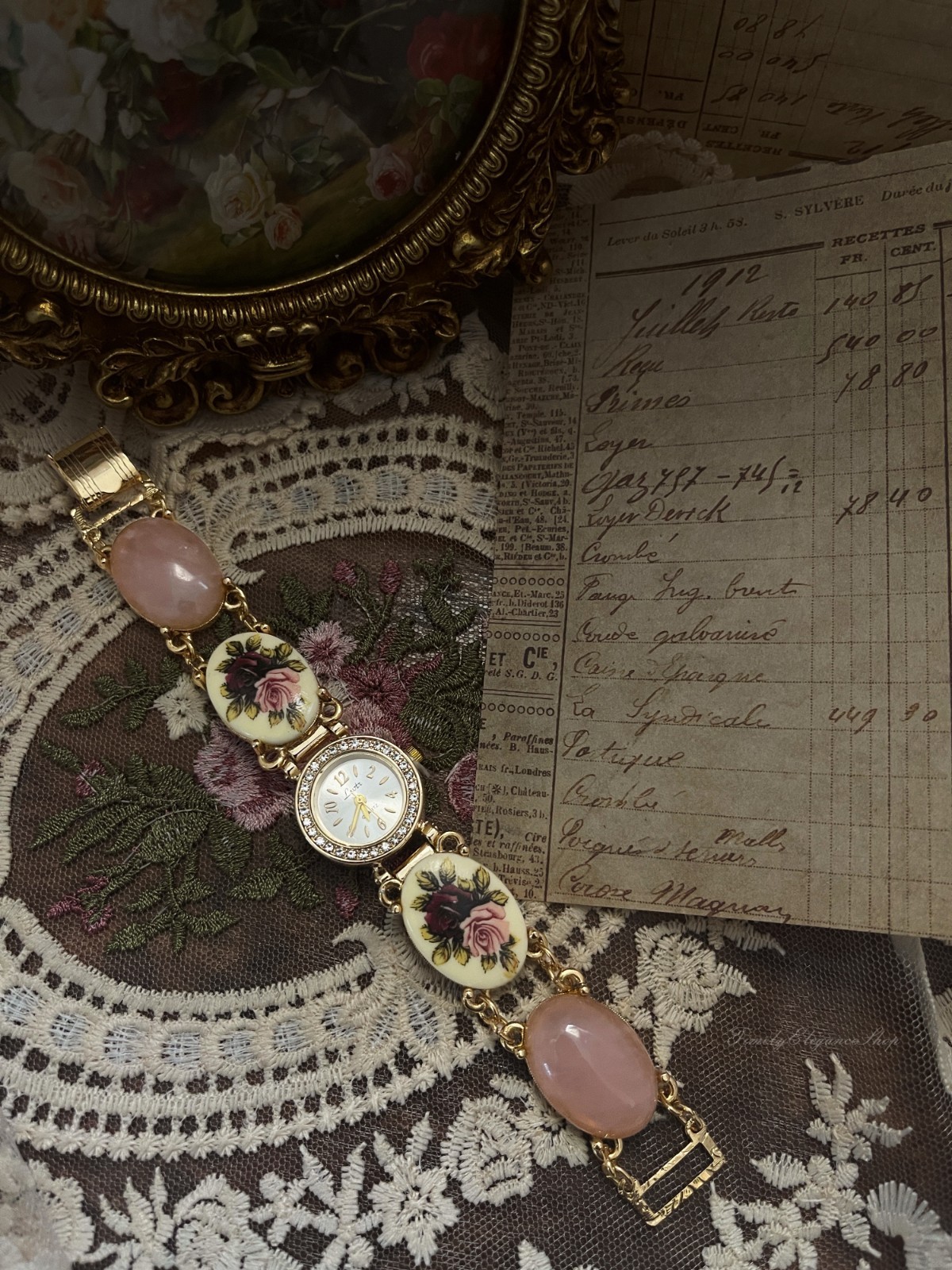 Vintage Rose Quartz Floral Bracelet Watch | Handmade Repurposed Gold Tone Unique