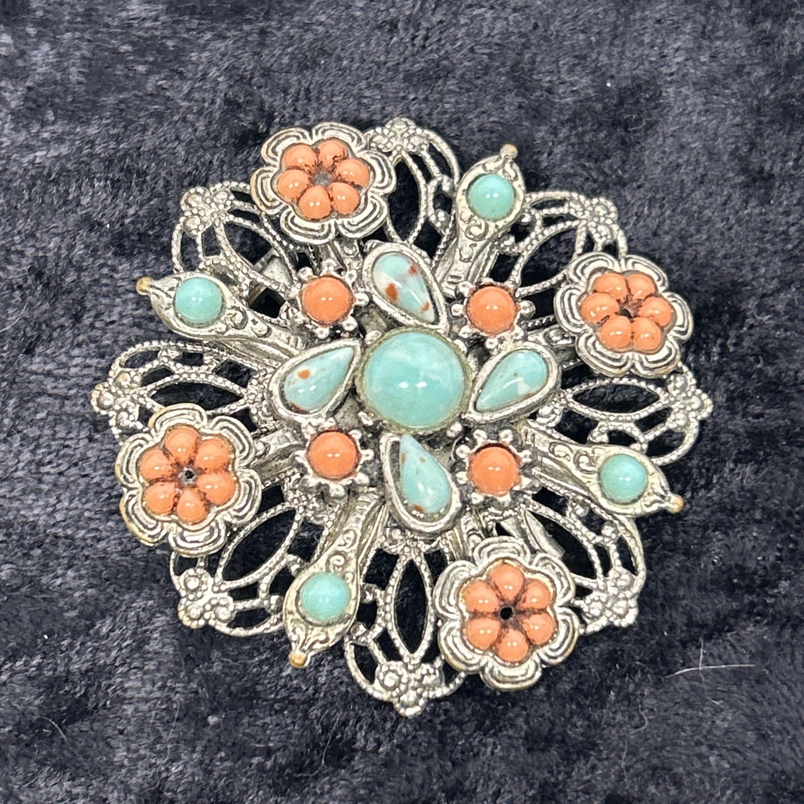 Vintage Silver tone Costume Jewelry Broach And Earrings Blue And Peach