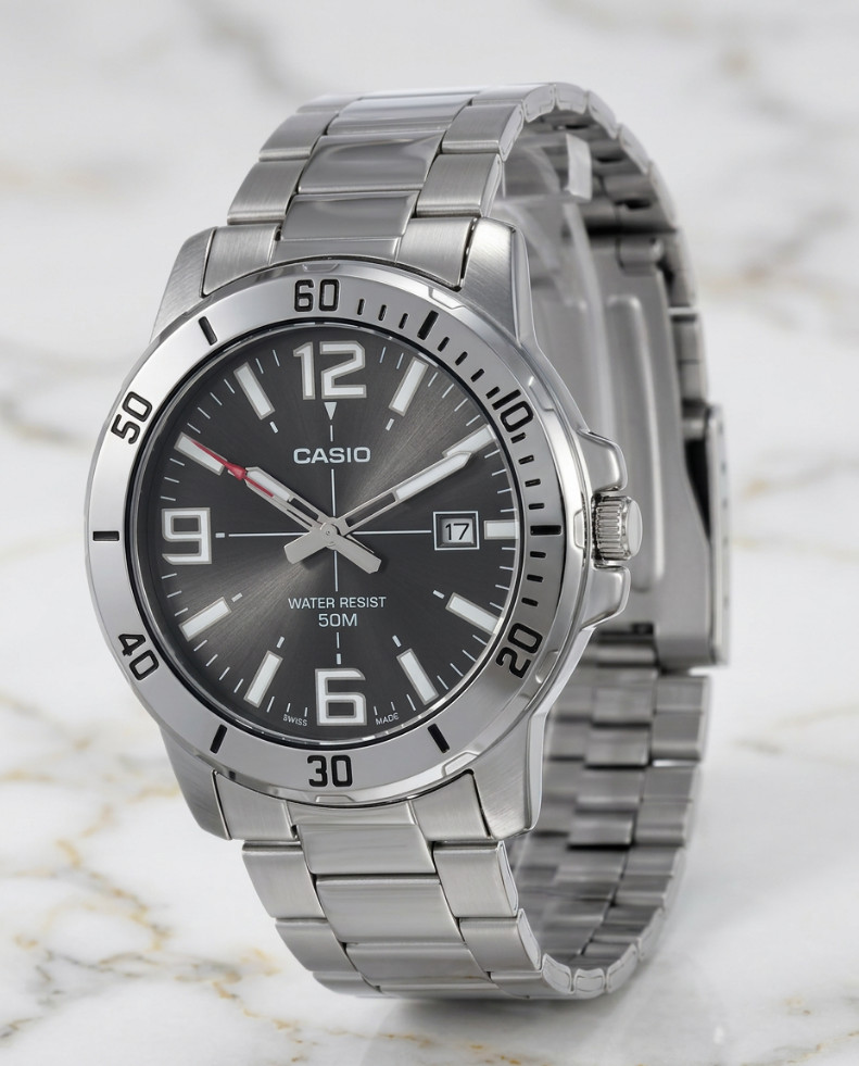 Mens Casio Stainless Steel Black Dial Casual Analog Sporty Watch Silver Bracelet