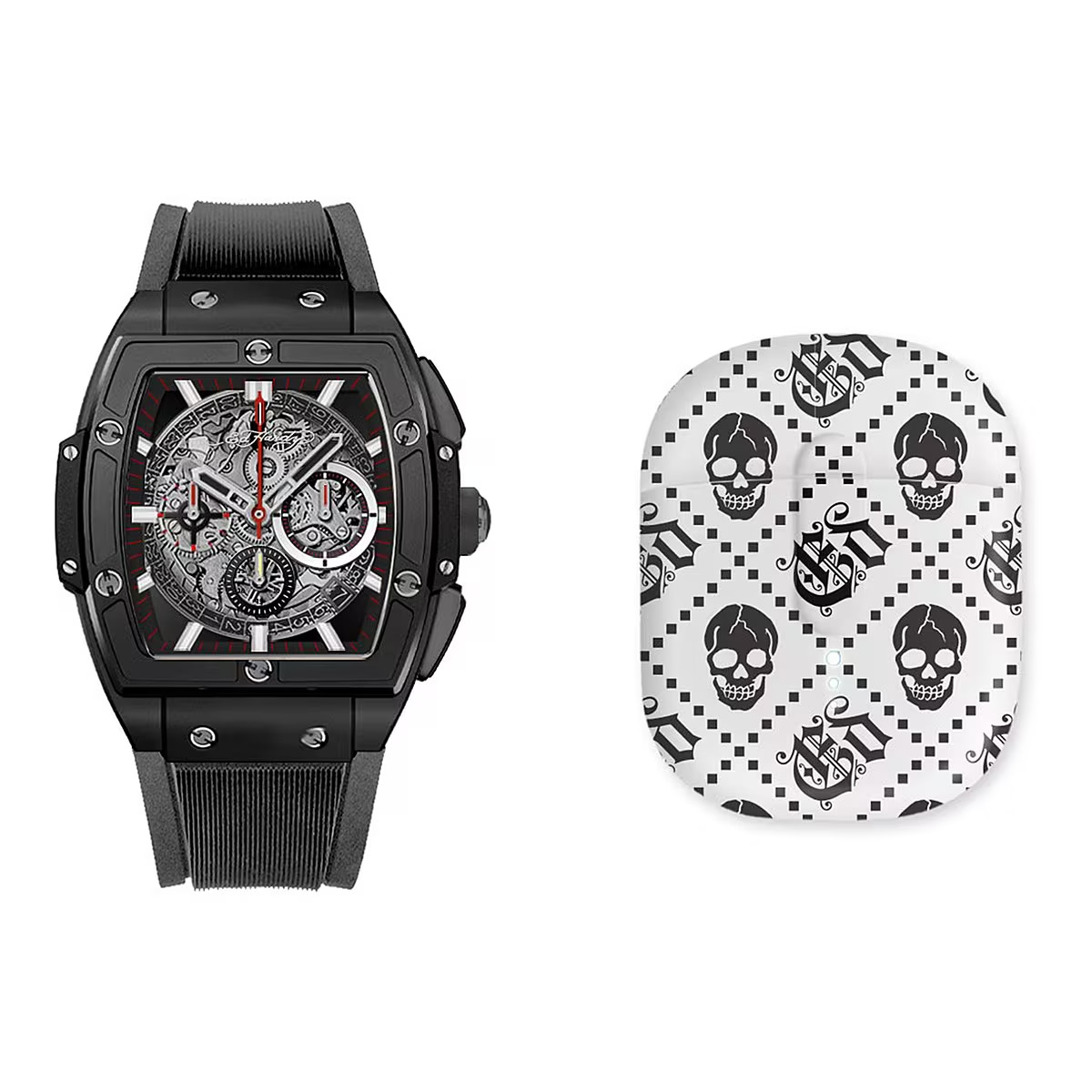 Ed Hardy Square Watch with Faux Leather Strap & Earbuds Set ~ New In Box
