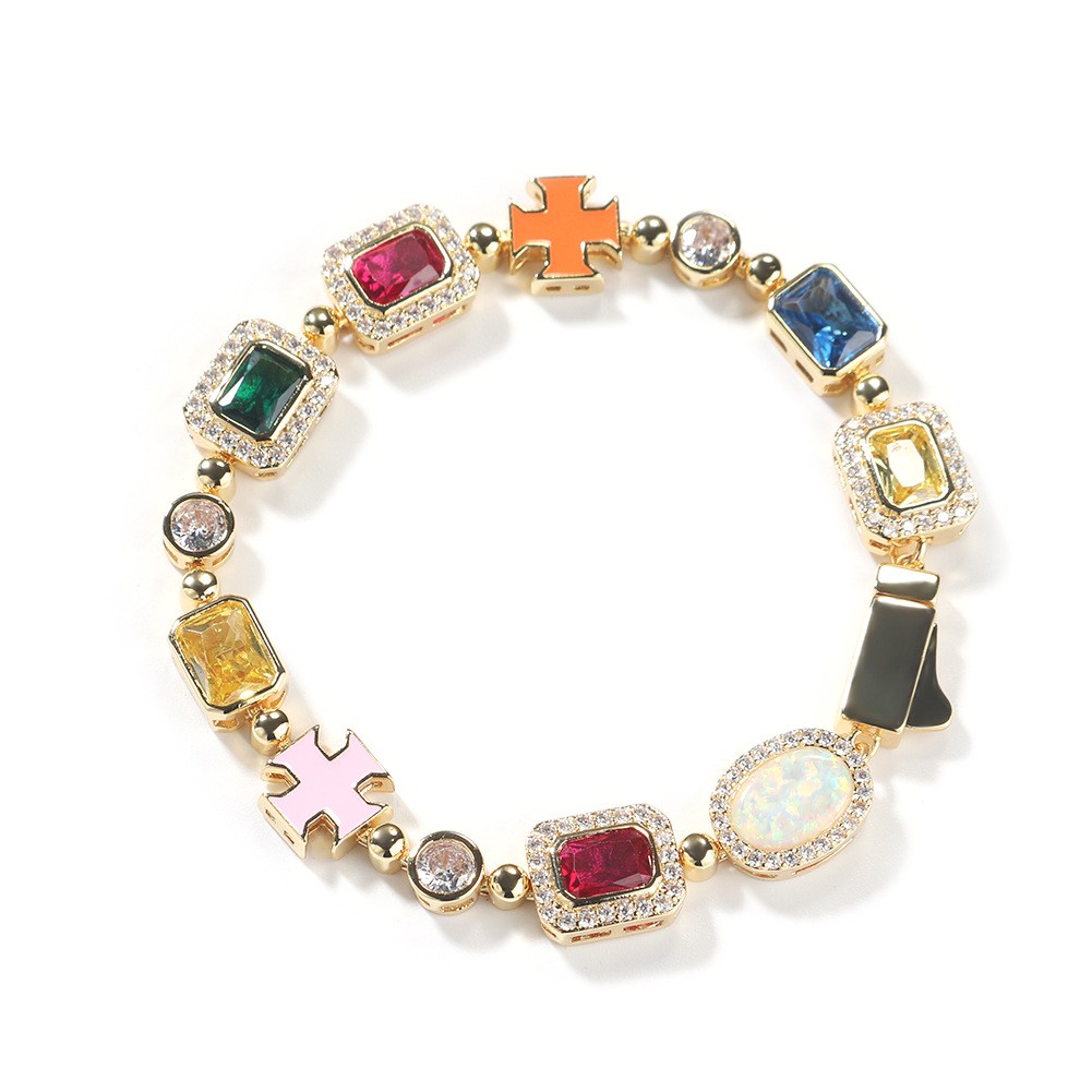 Gemstone Cross Tennis Chain Necklaces Bracelet Colored Men Women Hip Hop Jewelry