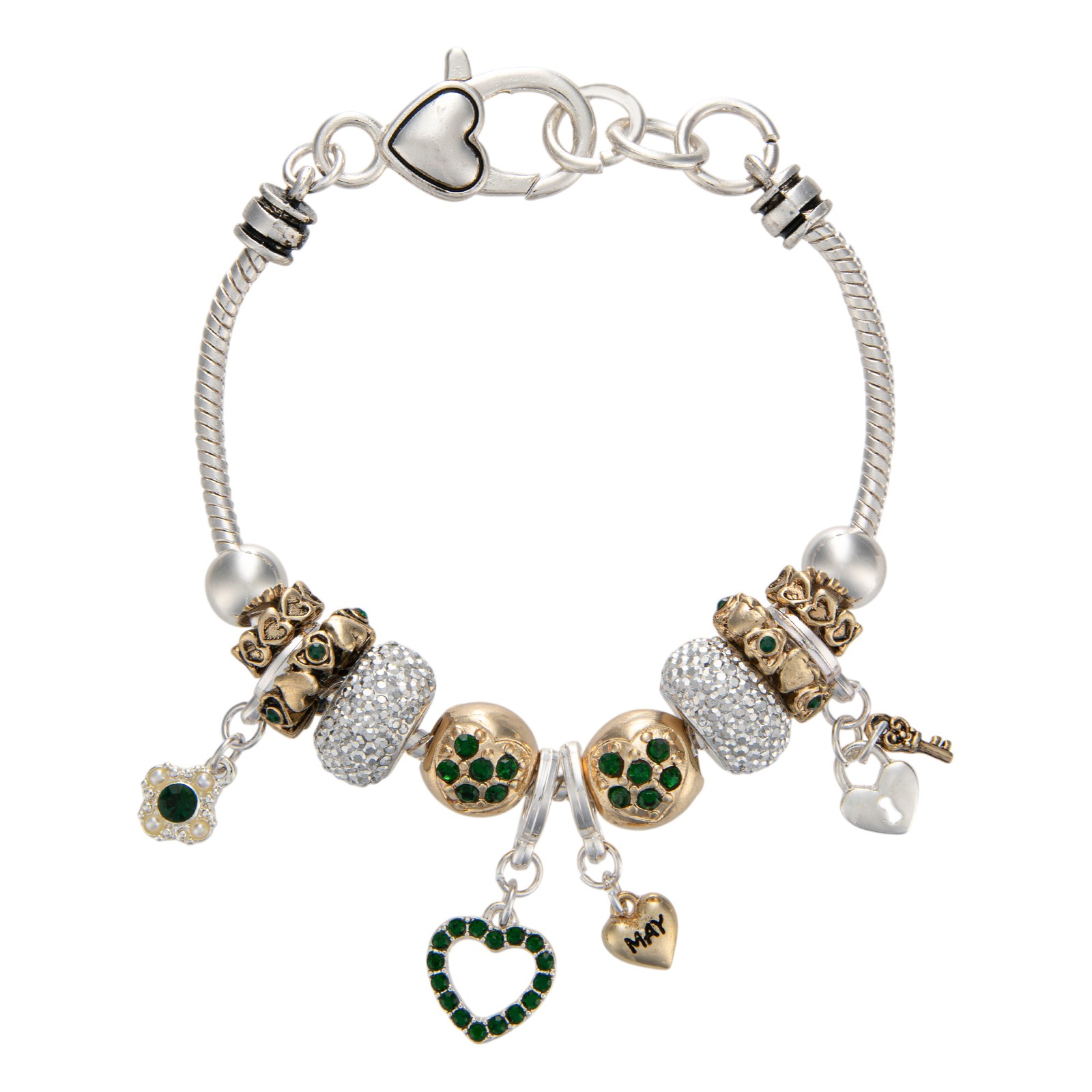 Landau May Birthstone Heart Charm Bracelet with Crystal Accents Silver Tone