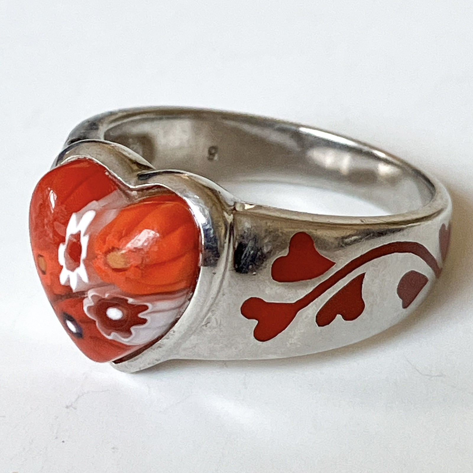 925 Sterling Silver Red Murano Millefiori Heart Ring Alan K Signed Size R 1/2
