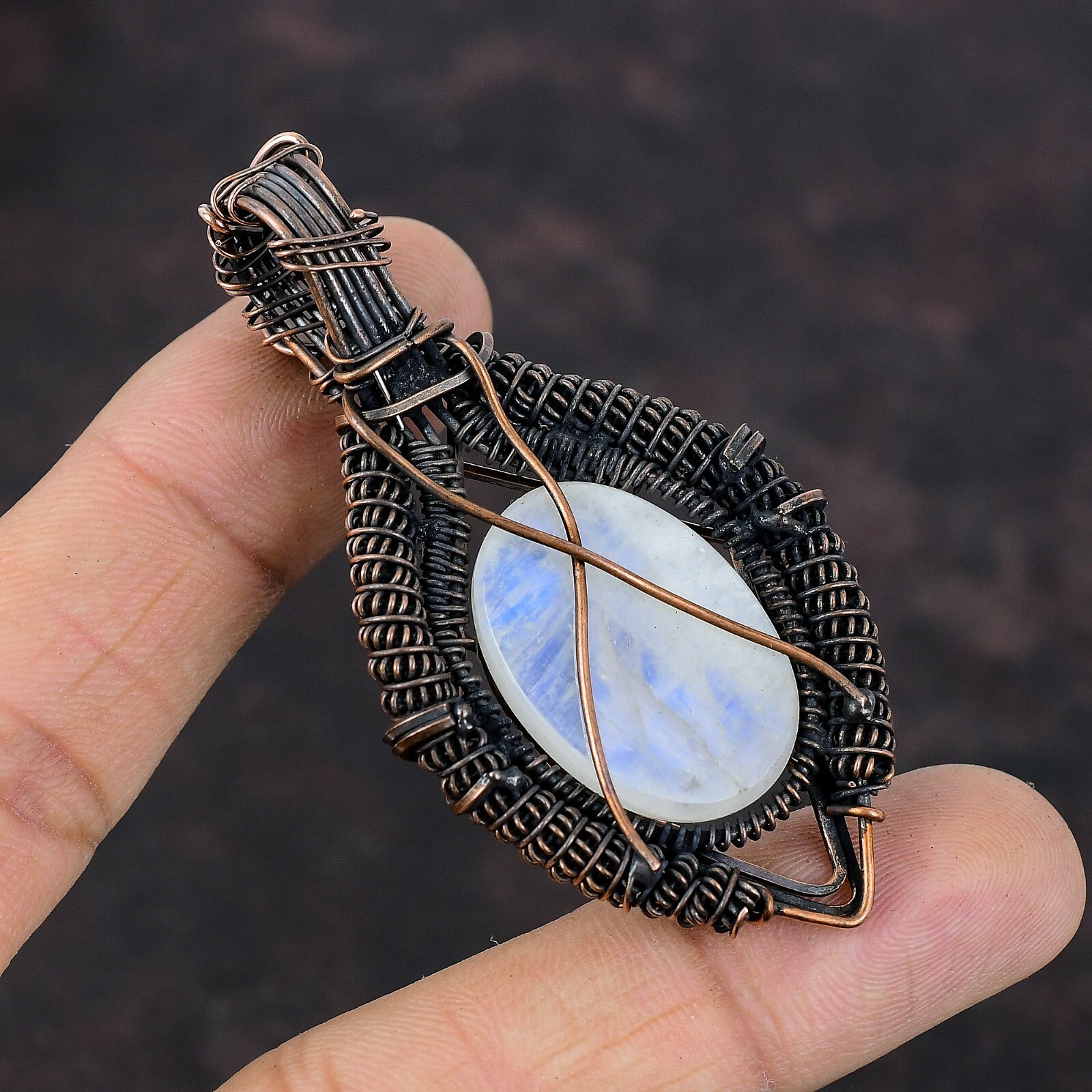 Gift For Her Rainbow Moonstone Wire Wrapped Pendant Copper Jewelry 2.76″