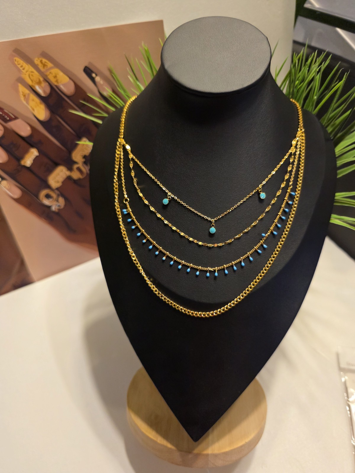 Gold Tone Layered Cable Chain Necklace with Blue Accents, Lobster Closure