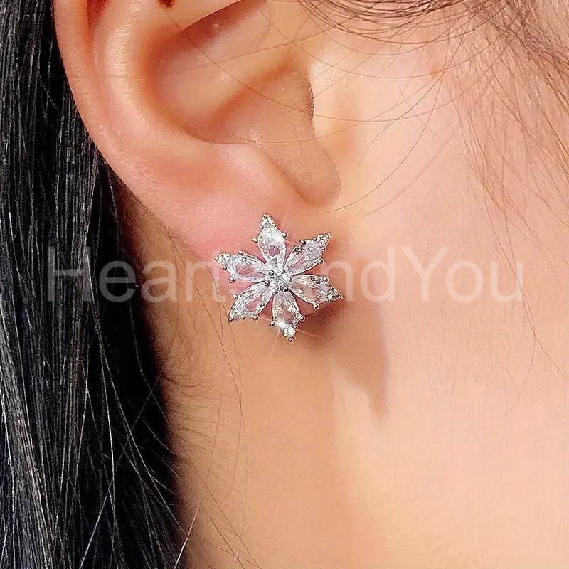 2ct Pear Cut Moissanite Floral Snowflake Stud Earrings 14K White Gold Plated