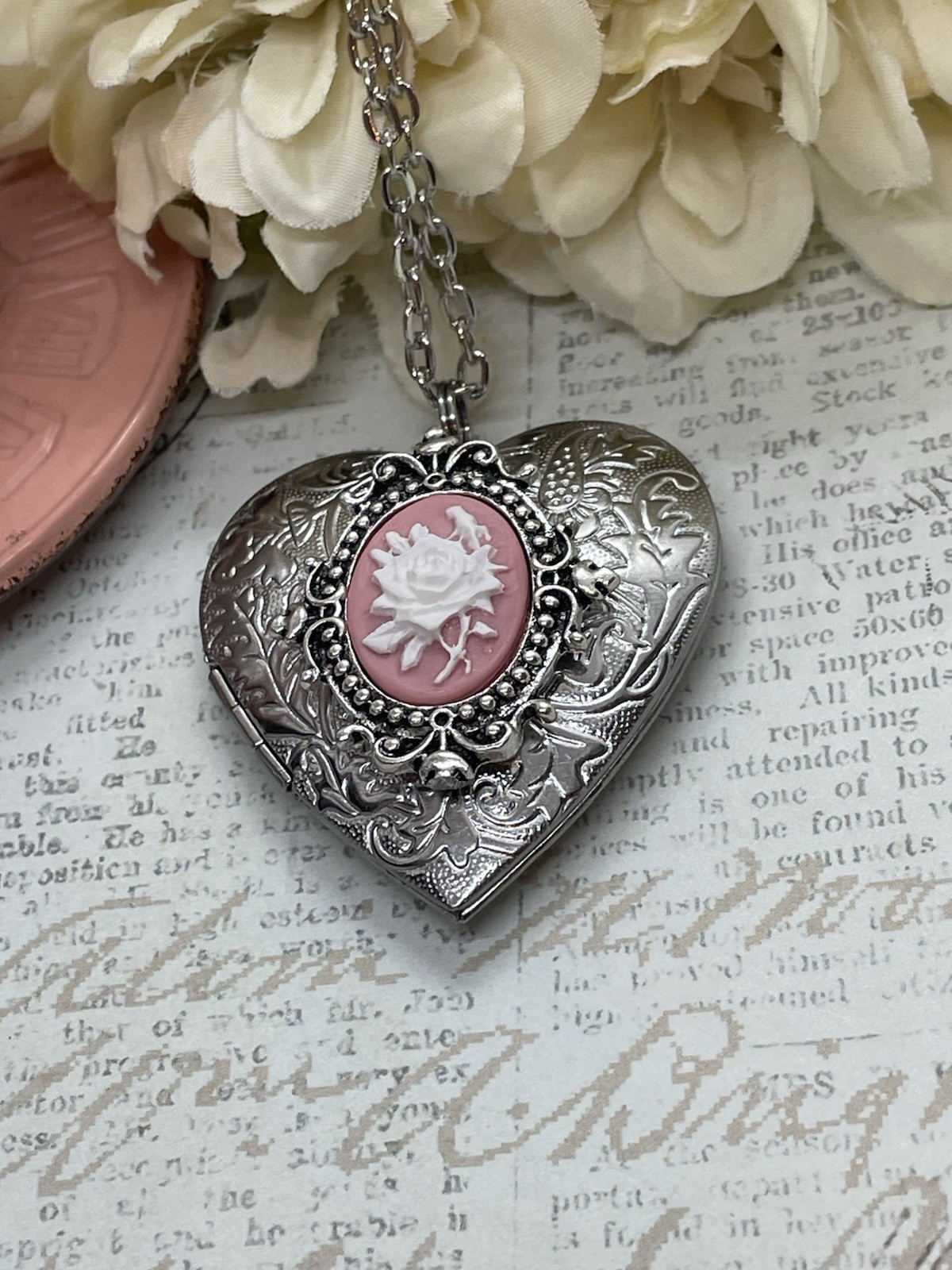Heart Silver Pink & White Lace Locket Rose Necklace Photo Bride bridal wedding