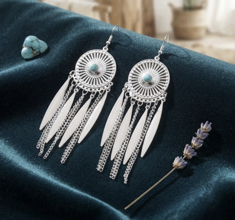 Ethnic Style Retro Silver Tassel Earrings Turquoise Long Indian Wind Bohemian