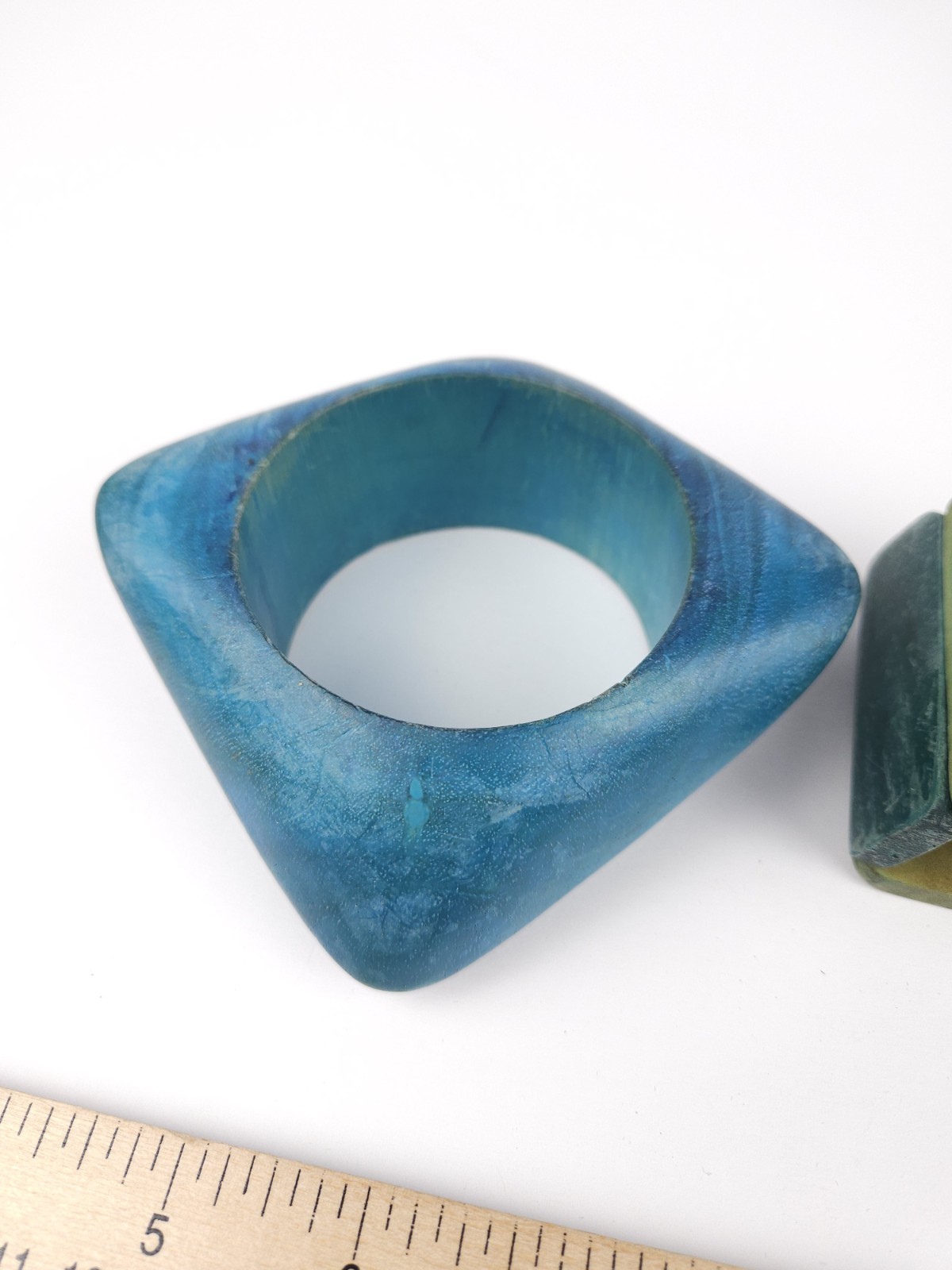 Lot Of 2 – Blue Wooden Dyed Bangle Stretch Bracelets Asymetrical Round