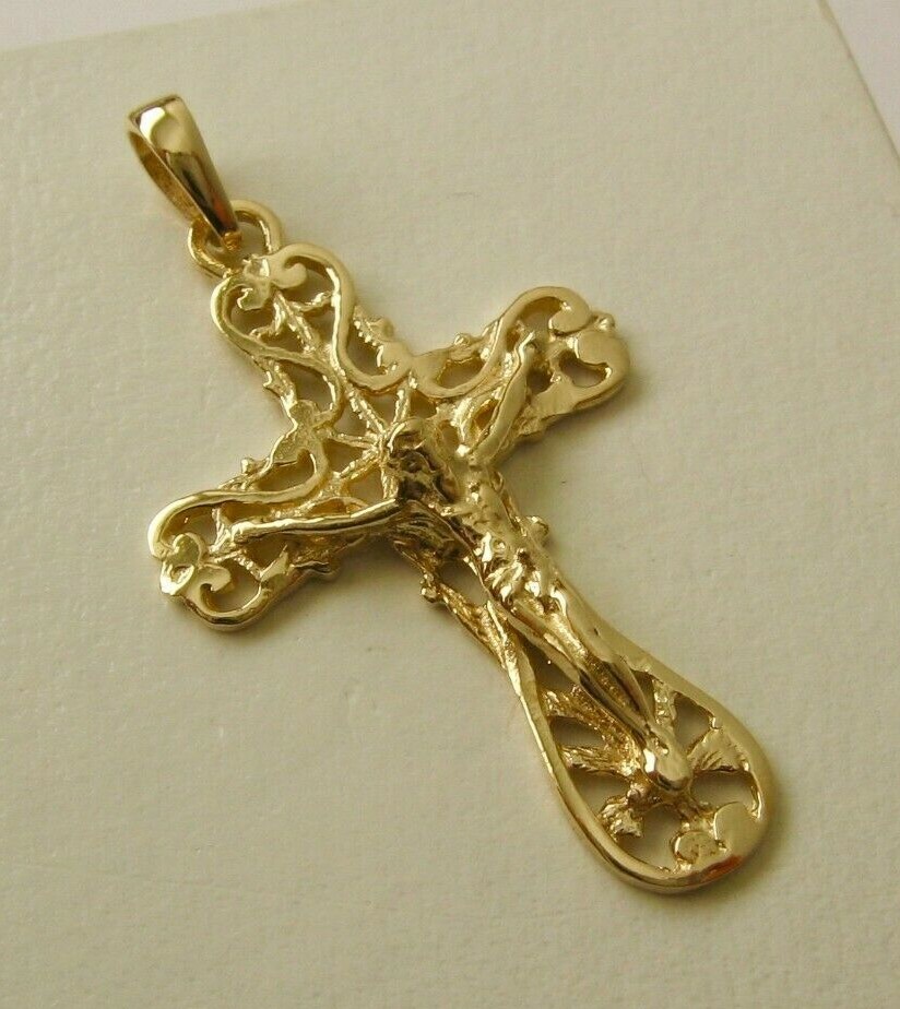 GENUINE SOLID 9K 9ct YELLOW GOLD FILIGREE CROSS CRUCIFIX JESUS PENDANT