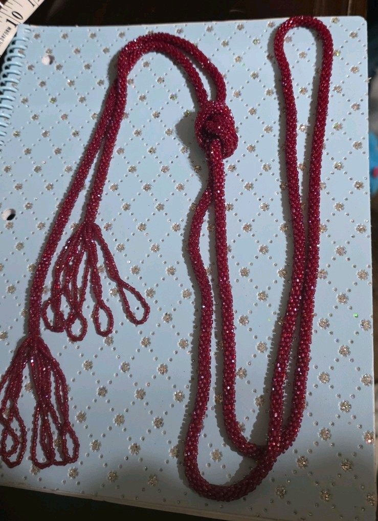 1920’s Flapper Hand-beaded Maroon 32″ Long Necklace. Glass Beads -Knot