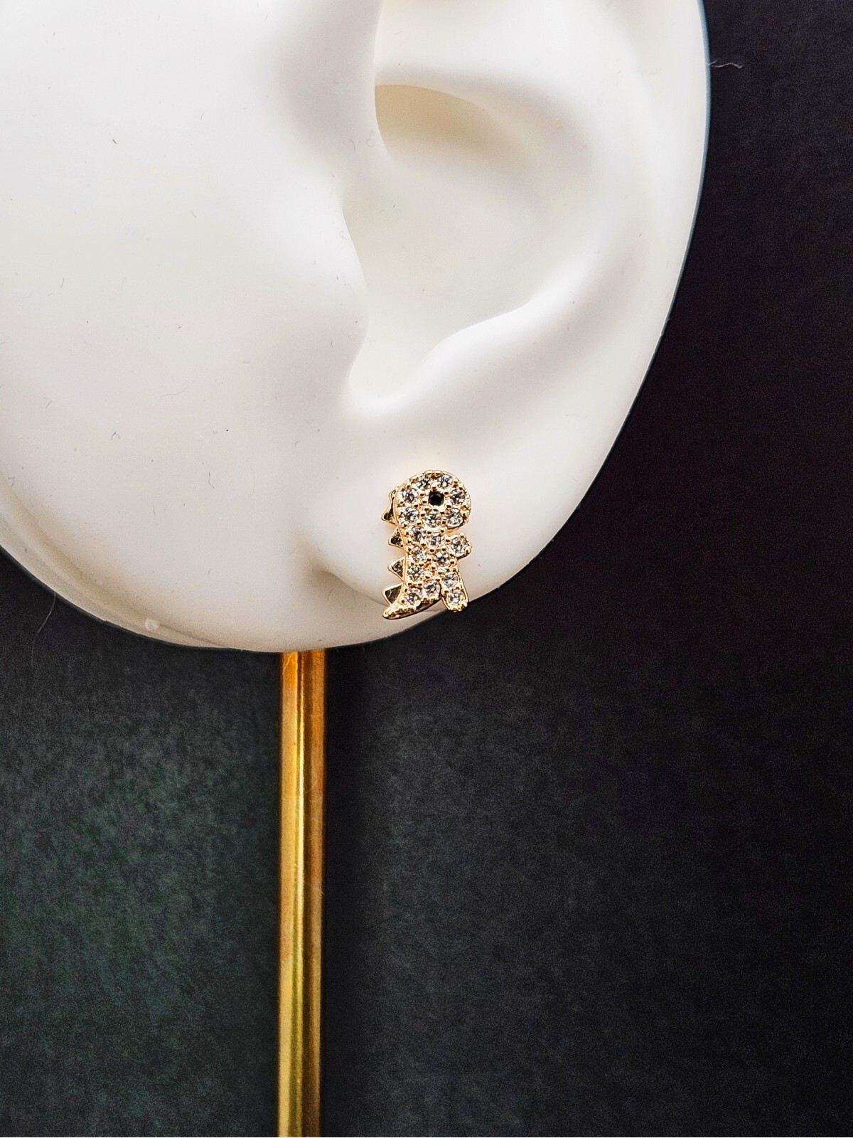 Dinosaur Stud Earrings 18K Gold with White Clear Cubic Zirconia