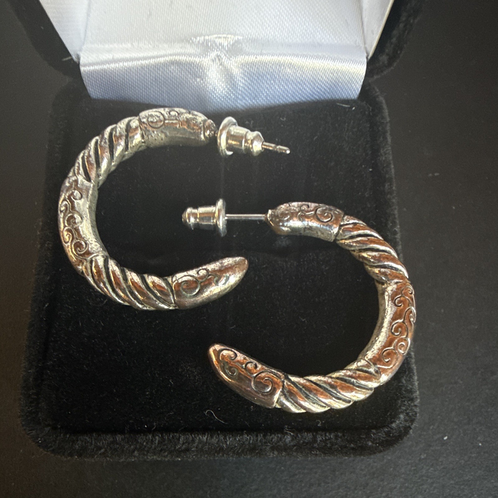 Silver Textured Crescent Hoop Earrings Butterfly Back Pierced Post by Brighton