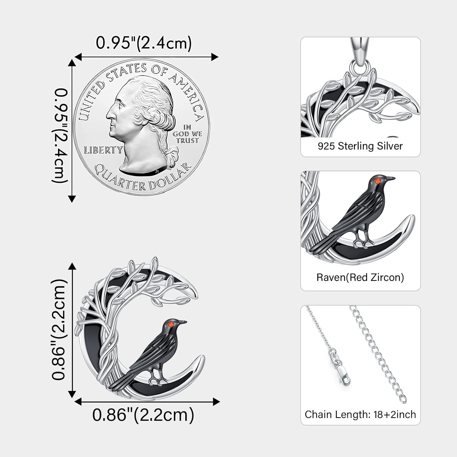 Gothic Raven Necklace for Women 925 Sterling Silver Tree of Life Moon Pendant