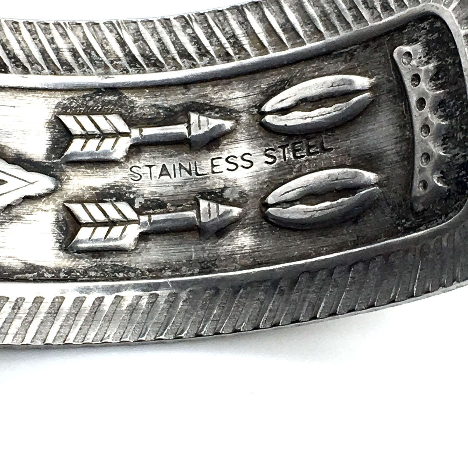 Vintage Southwestern Design Stamped Stainless Steel Cuff Bracelet Signed Japan