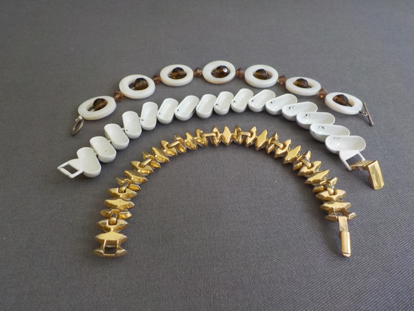 White Bracelet Mix Lot 3 Enamel Plastic Mother of Pearl Glass Bead Metal