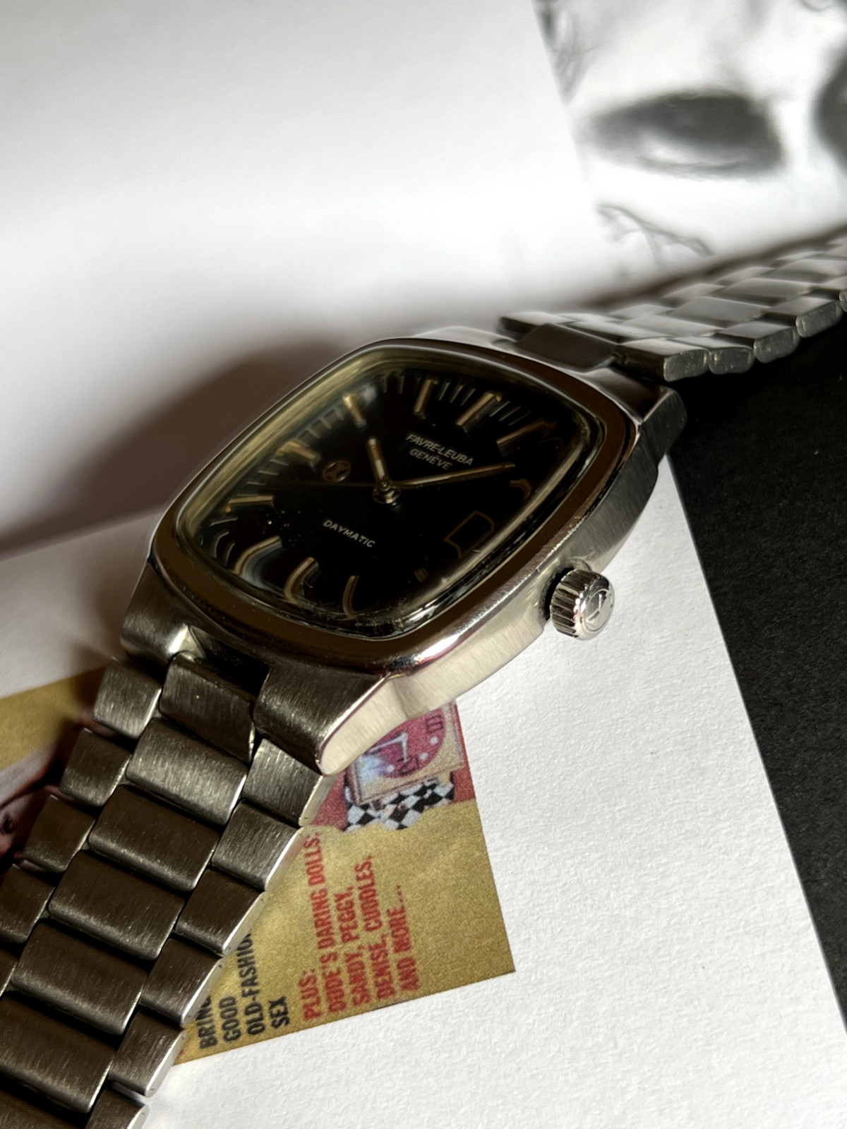 Vintage Favre leuba daymatic TV shape integrated bracelet automatic mens watch