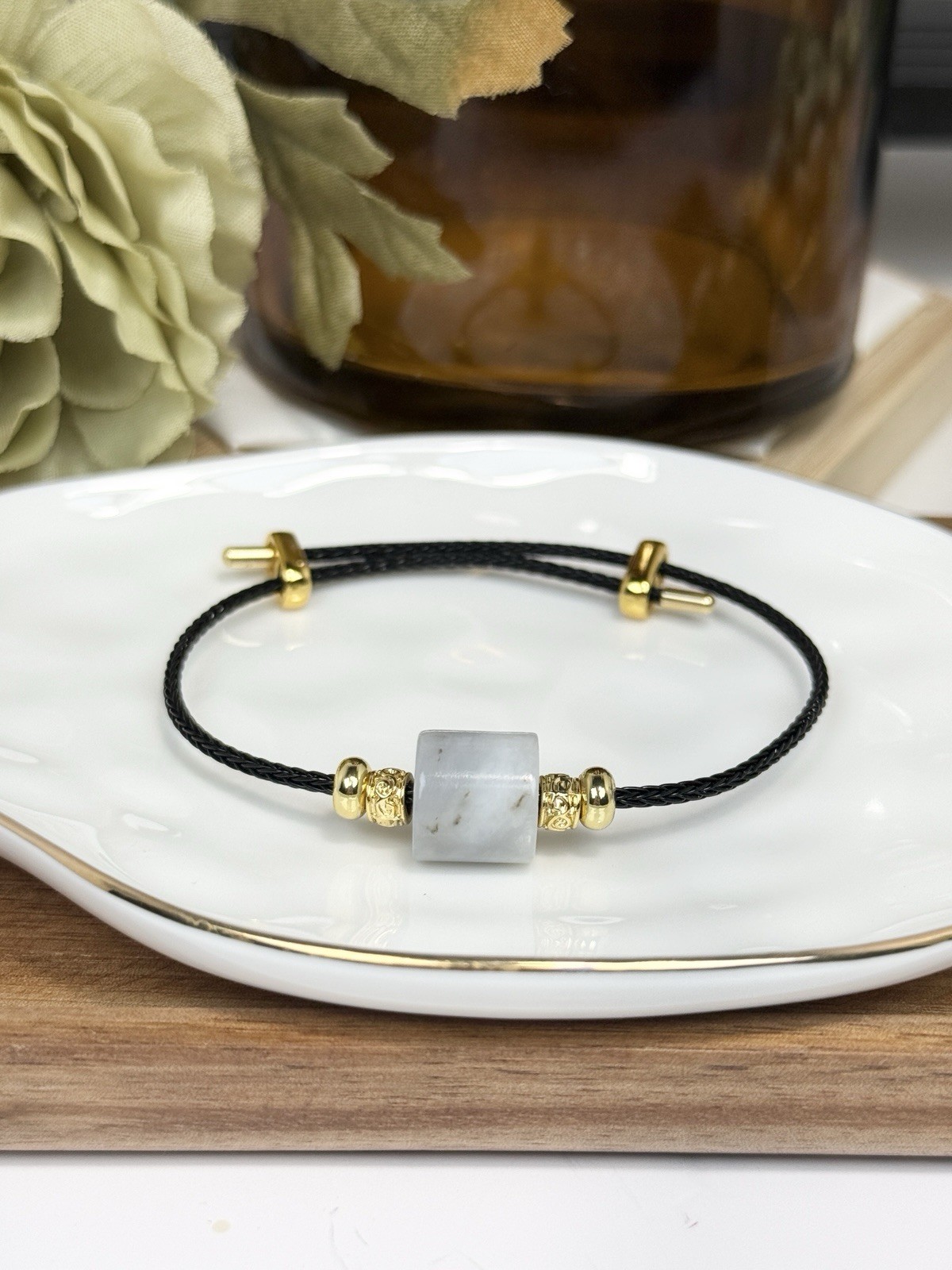 Hetian Jade Grey Barrel Pendant Bracelet 12.4MM on Black Adjustable Nylon Cord
