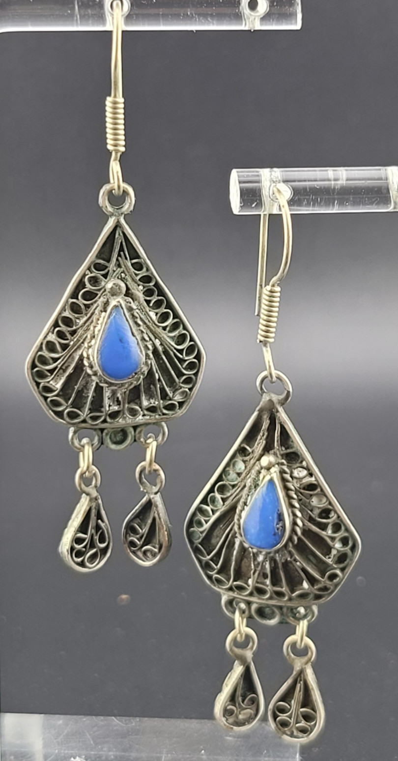 Vintage East India Blue Glass Stone Nickle Silver Chandelier Statement Earrings